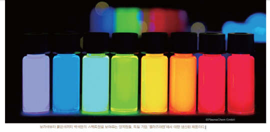 보라색부터 붉은색까지 백색광의 스펙트럼을 보여주는 양자점들.  사진= 플라즈마켐 제공